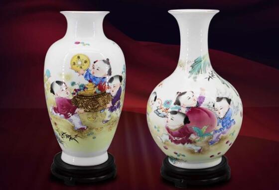 秒杀 五子登科粉彩对瓶 五子登